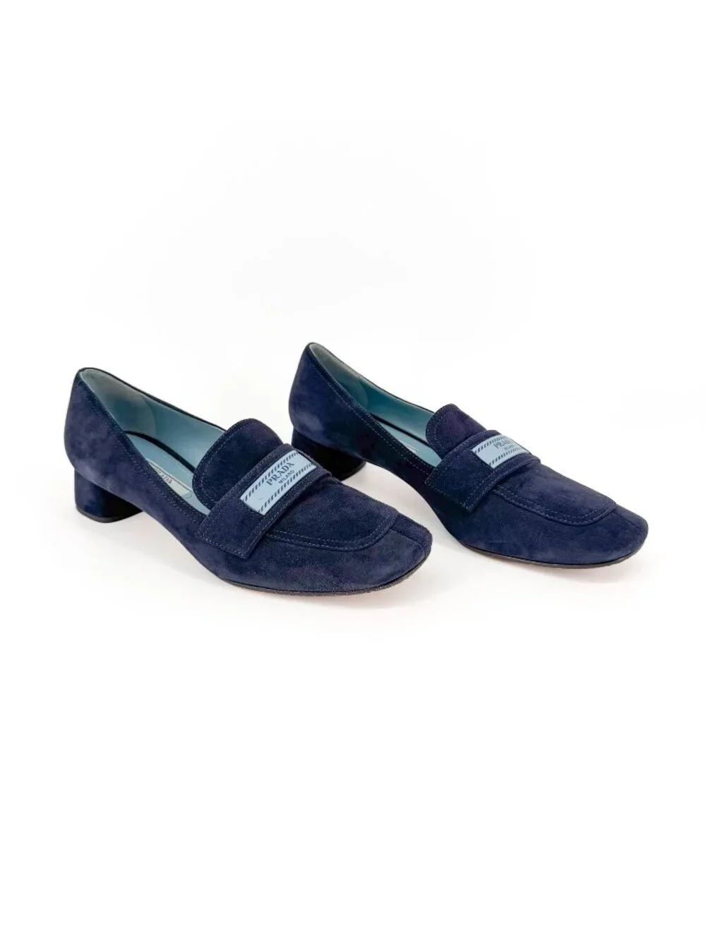 Prada Logo Loafer Pumps Heels Navy Suede Size 37.5 US 7.5 Women’s Blue